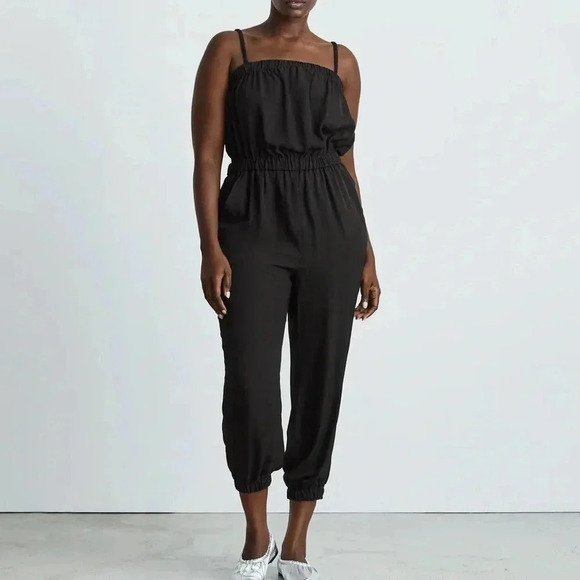 Everlane The Party of One Jumpsuit Black Elastic Sleeveless Romper Pocket Medium - Picture 1 of 13